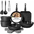 Ceramic Cookware Set 22 Piece Nonstick Pots and Pans Set Non Stick Kitchen Cooking Sets 8" Frying Pans with Lid,Black Granite Non-Toxic Induction Kitchen Cookware w/Glass Lids PFOS/PFOA-Free