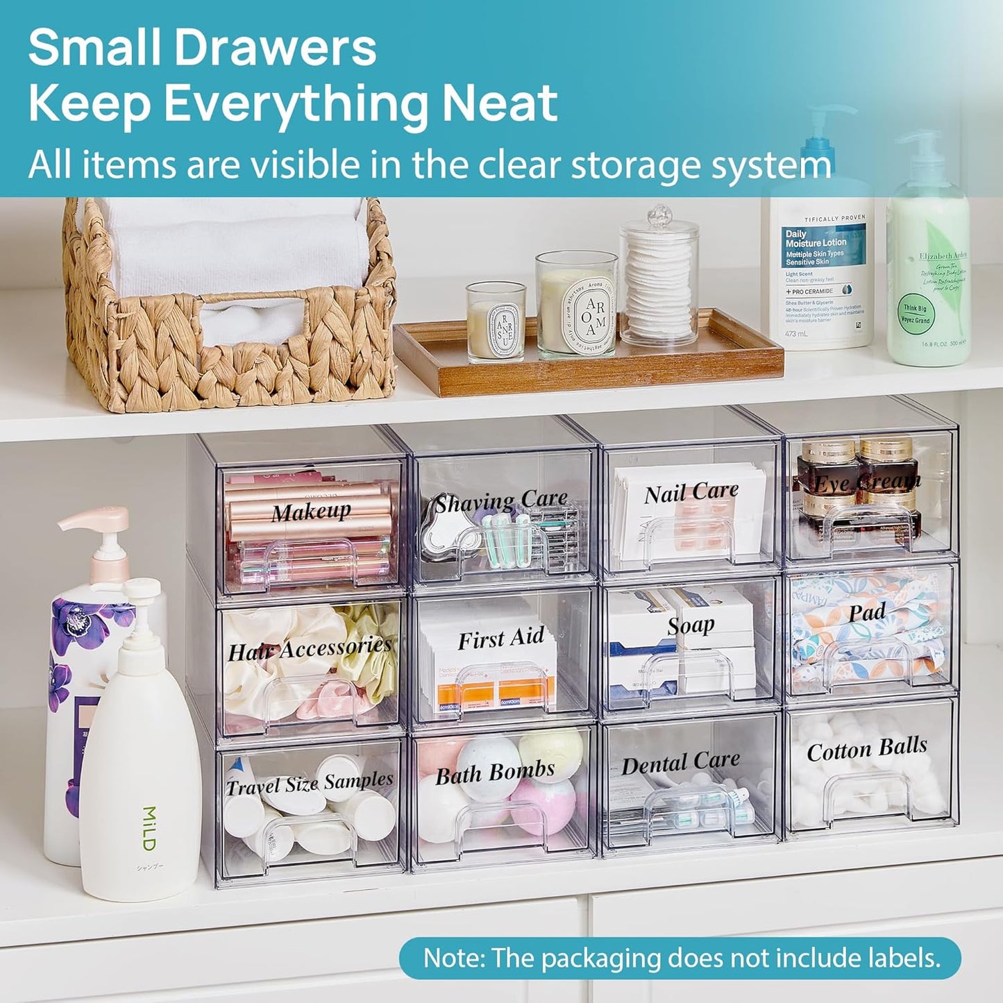 Stackable Clear Makeup Organizer Drawers, 4 Pack Acrylic Storage Bins for Bathroom, Vanity, Under Sink, Kitchen Cabinets, and Home Organization - PuriLite