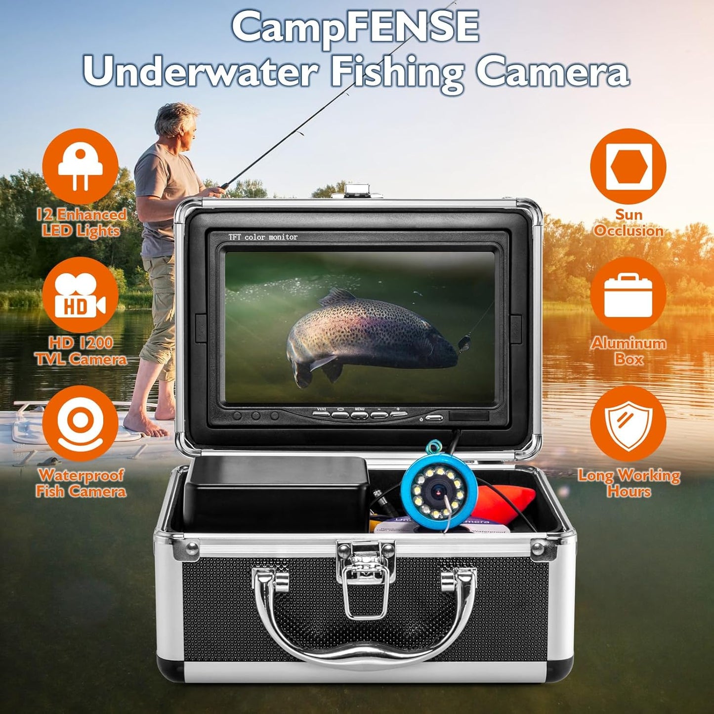 CampFENSE Fish Finder - Underwater Fishing Camera, 7 inch Color Screen - Portable Depth Fish Finder for Boats - 1200TVL Waterproof Deeper Accessories - Boat Ice Fishing Kayak Lake Sea