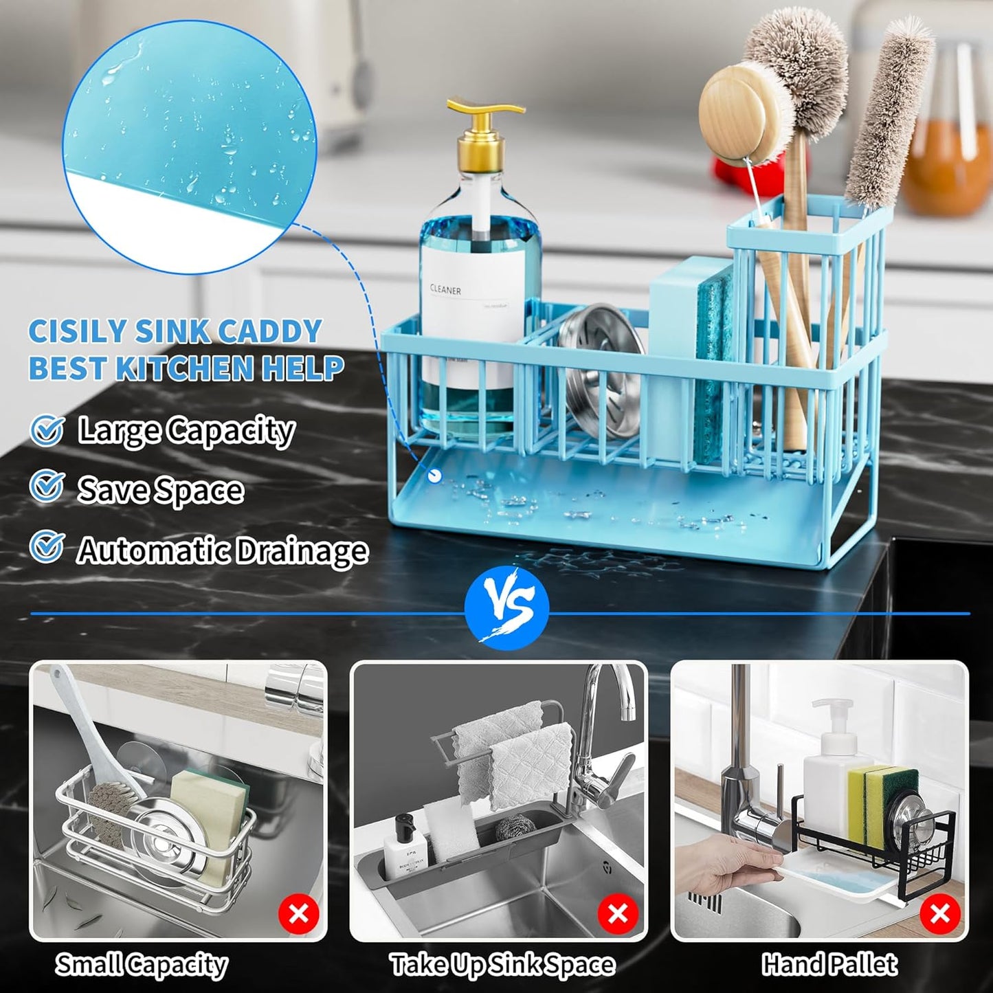 Cisily Kitchen Sink Caddy Organzier with High Brush Holder, Sponge Holder for Sink, 304 Rustproof Stainless, Kitchen Countertop Soap Dispenser Organizer, Kitchen Decor and Accessories (Black)