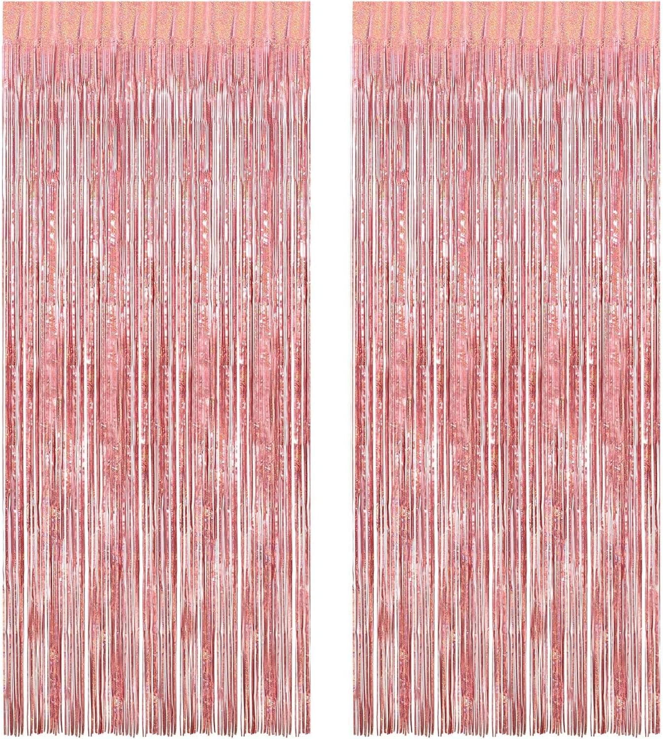 BRAVESHINE Pink Glitter Tinsel Foil Fringe Curtain - 2 Pcs 3.2x8.2 ft Metallic Party Supplies Photo Backdrop for Girl Princess Birthday Unicorn Bachelorette Butterfly Bridal Shower Party Decorations