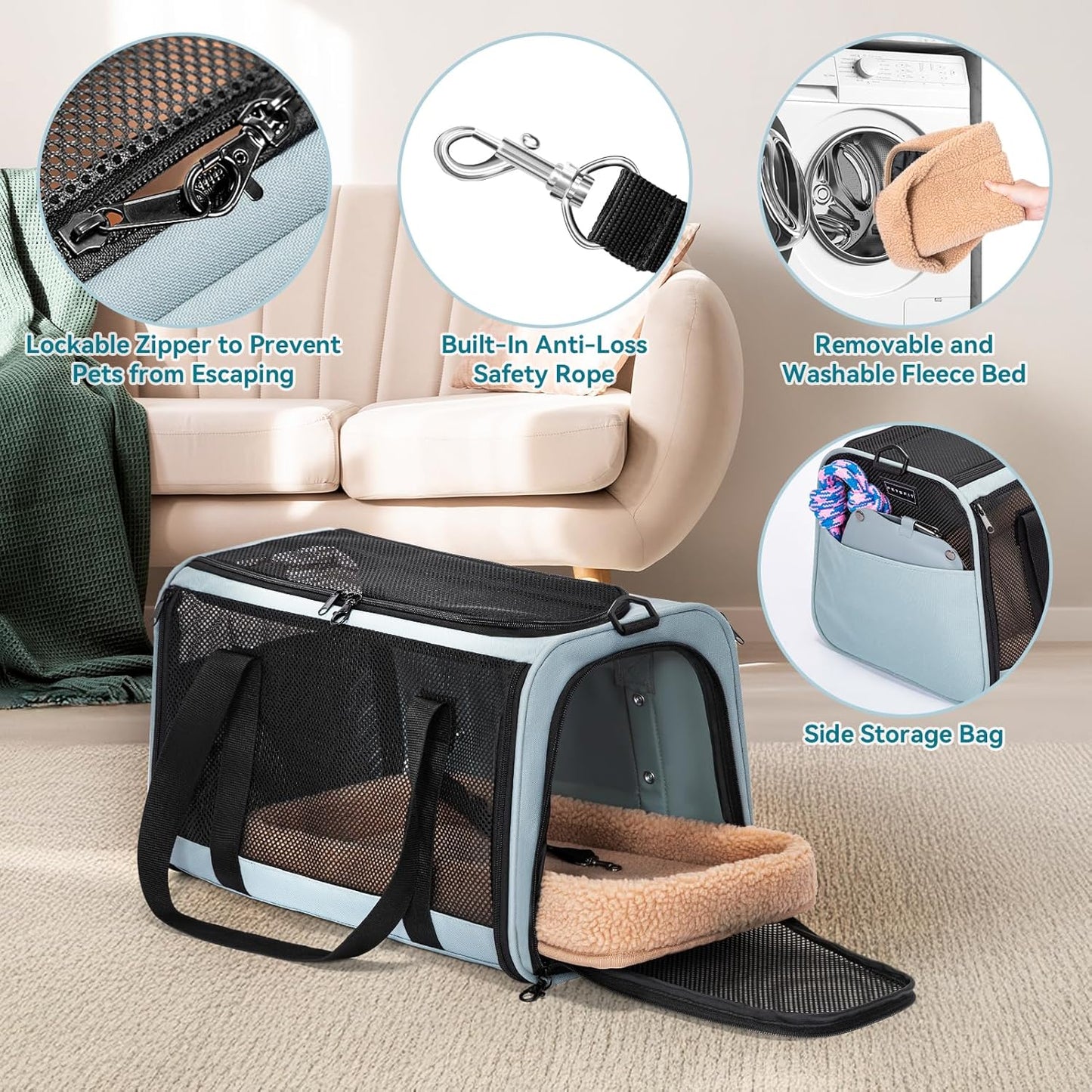 Petsfit Pet Carrier Airline Approved, Soft-Sided Cat Carrier with Patented Car Buckle, Lightweight and Collapsible with Adjustable Shoulder Strap, Soft Cushion,Green