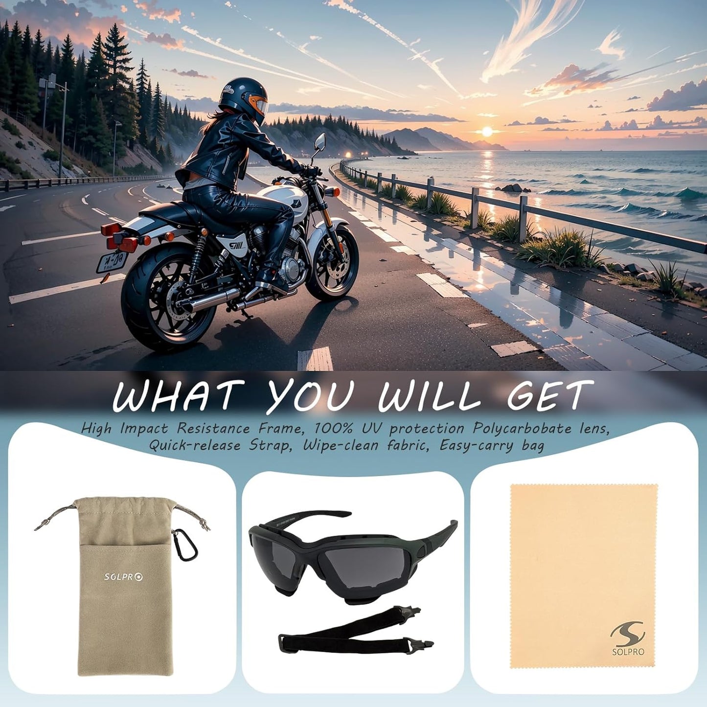 Powersports Glasses Safety Motorcycle Goggle, Anti-fog, Z87 Wrap around, Hunting, Riding, Mowing, Fit Men and Women