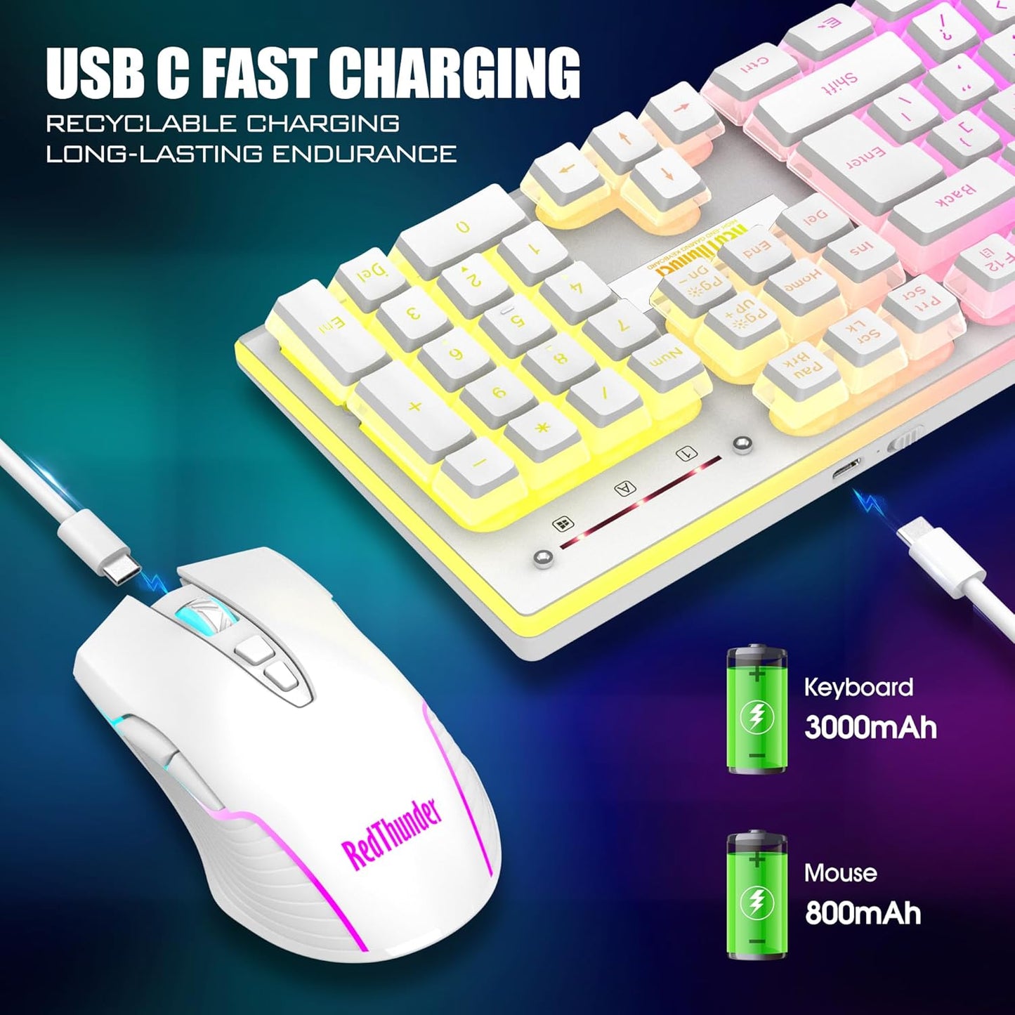 RedThunder K10 Wireless Gaming Keyboard and Mouse Combo, LED Backlit Rechargeable 3800mAh Battery, Mechanical Feel Anti-ghosting Keyboard + 7D 3200DPI Mice for PC Gamer (Black)