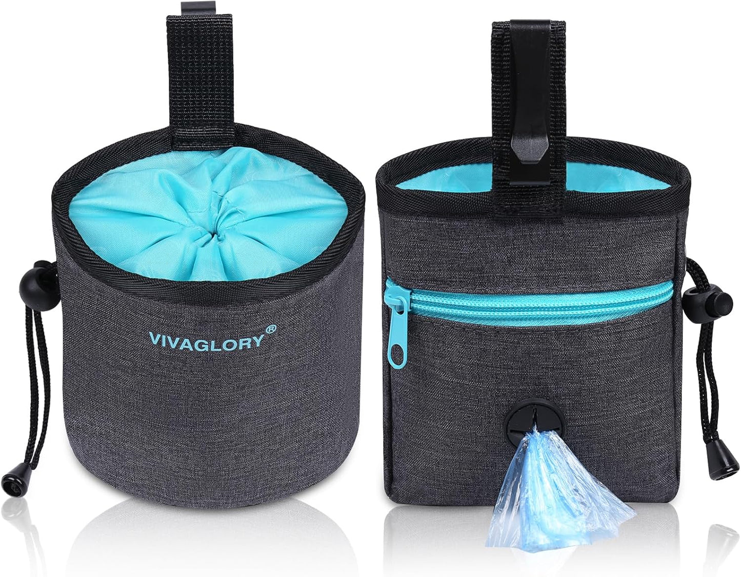 VIVAGLORY Dog Treat Bags, Puppy Pet Dog Training Treats Pouch Hands-Free 2 Ways to Wear with Adjustable Waistband and Built-in Dog Waste Bag Dispenser, Heather Black