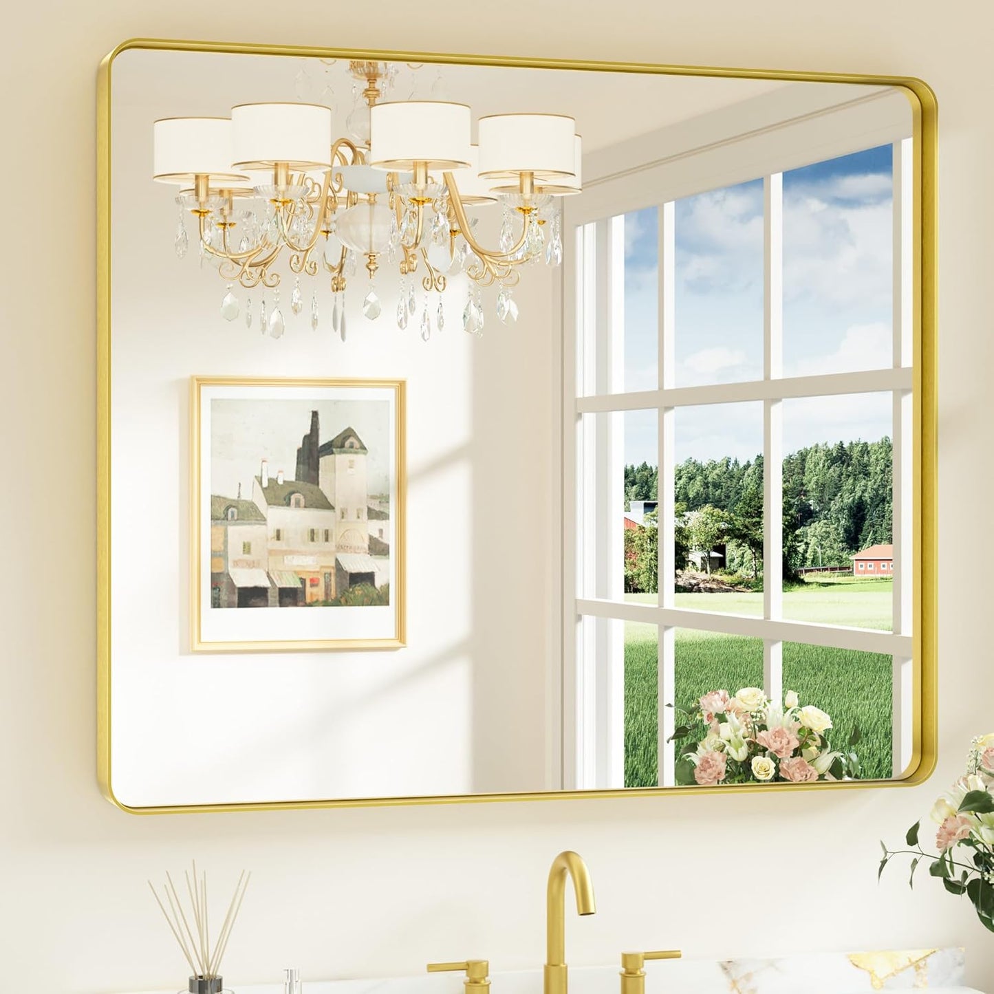 Keonjinn 42 x 36 Brushed Nickel Bathroom Vanity Mirror, Large Rounded Rectangle Bathroom Mirrors for over Sink, Metal Framed Silver Mirror for Wall, Shatterproof HD Tempered Glass(Horizontal/Vertical)