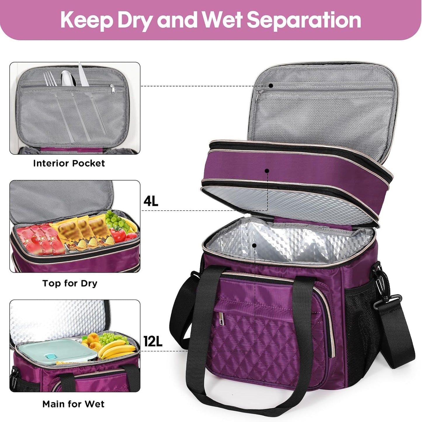 Expandable Large Lunch Bag, Double Deck Insulated Lunch Box Leakproof Durable Soft Cooler Bag for Men Women Adults Work Construction Beach Picnic Daytrip,16L,Black, GLENKEY