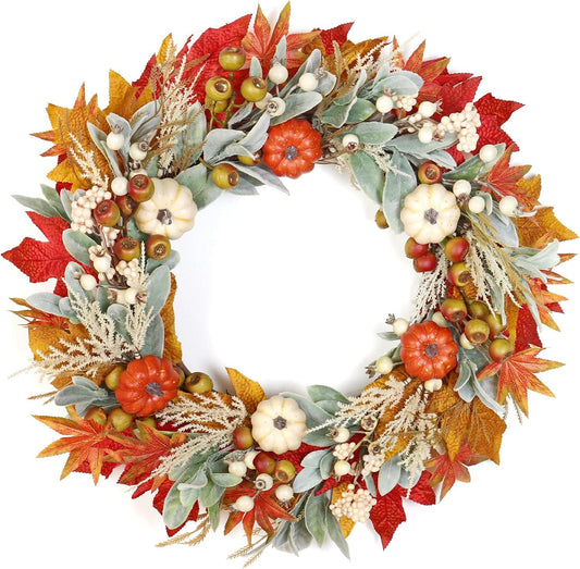 Weldomcor Fall Wreaths for Front Door, 20 Inch Autumn Wreath with Pumpkins Maple Berries, Fall Decor for Thanksgiving Halloween Harvest Home Porch Window Wall Farmhouse, Fall Wreath for Indoor Outdoor