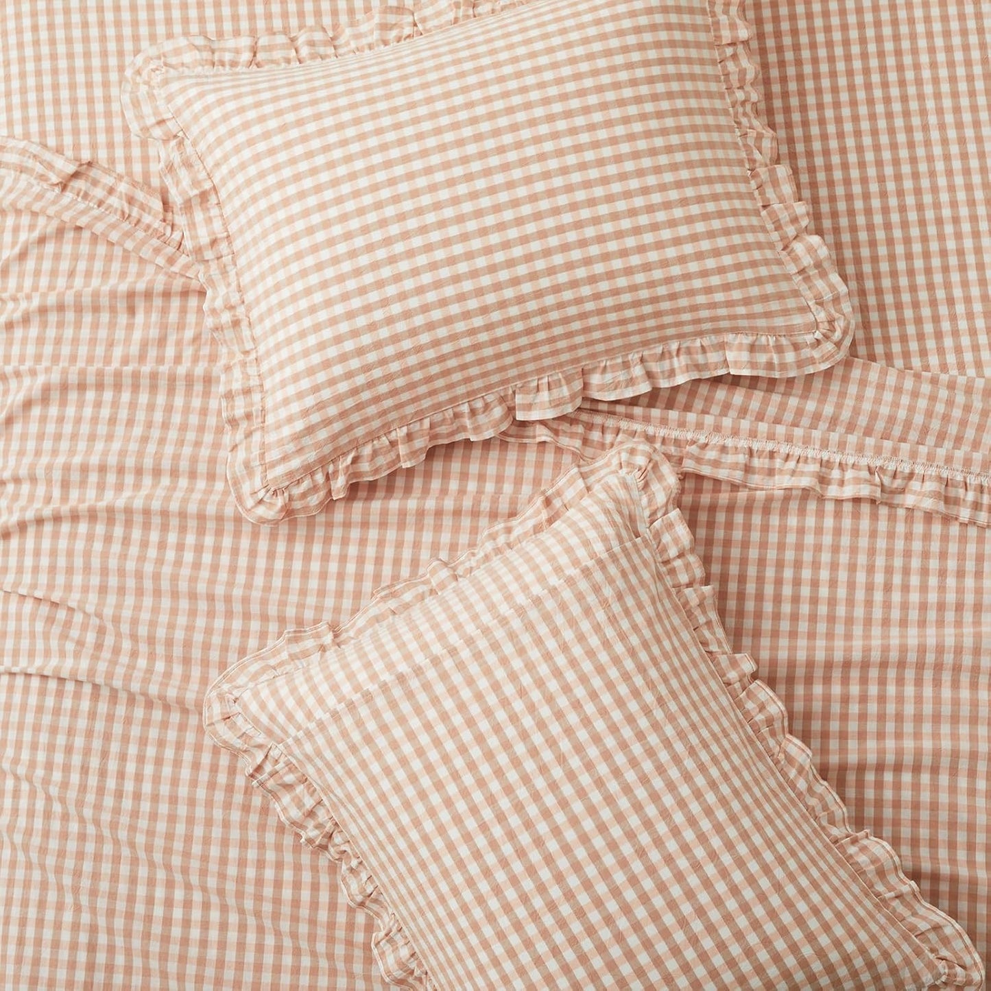 KKJIAF 3 Pieces Plaid Ruffle Twin Bed Sheets, Gingham Twin Sheet Set Comfy Breathable Ruffed Bed Sheet Set with 16 Inch Deep Pocket, Dusty Blue