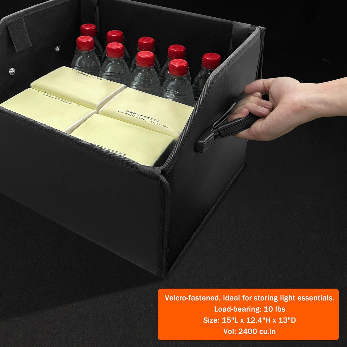 Trunk Organizer,car organizers and storage,black Leather Storage Box with lid,38cm(L) x 33cm(B) x 31.5cm(H),Fiberboard,Collapsible,2K inches³(size A)
