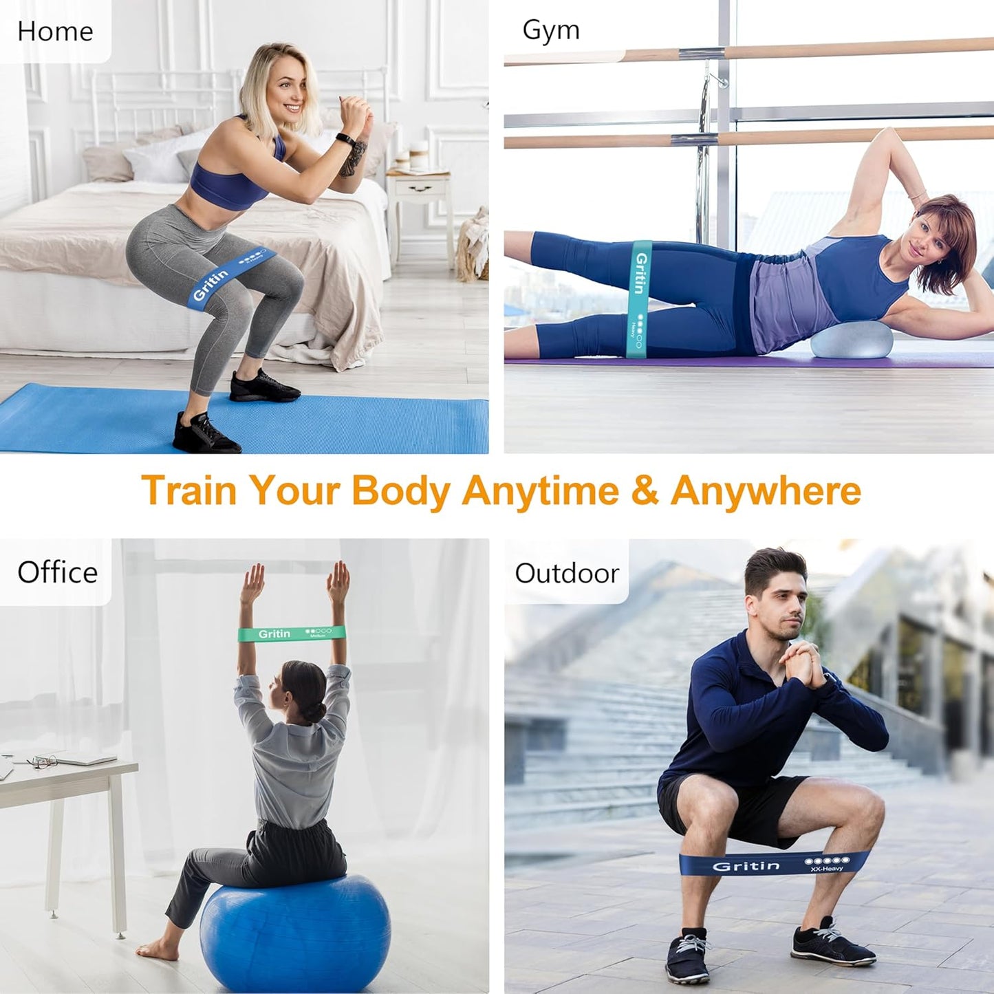 Gritin Resistance Bands, Set of 5 Skin-Friendly Resistance Fitness Exercise Loop Bands with 5 Different Strength Levels - Travel Carrying Case Included - Ideal for Home, Gym, Yoga, Training