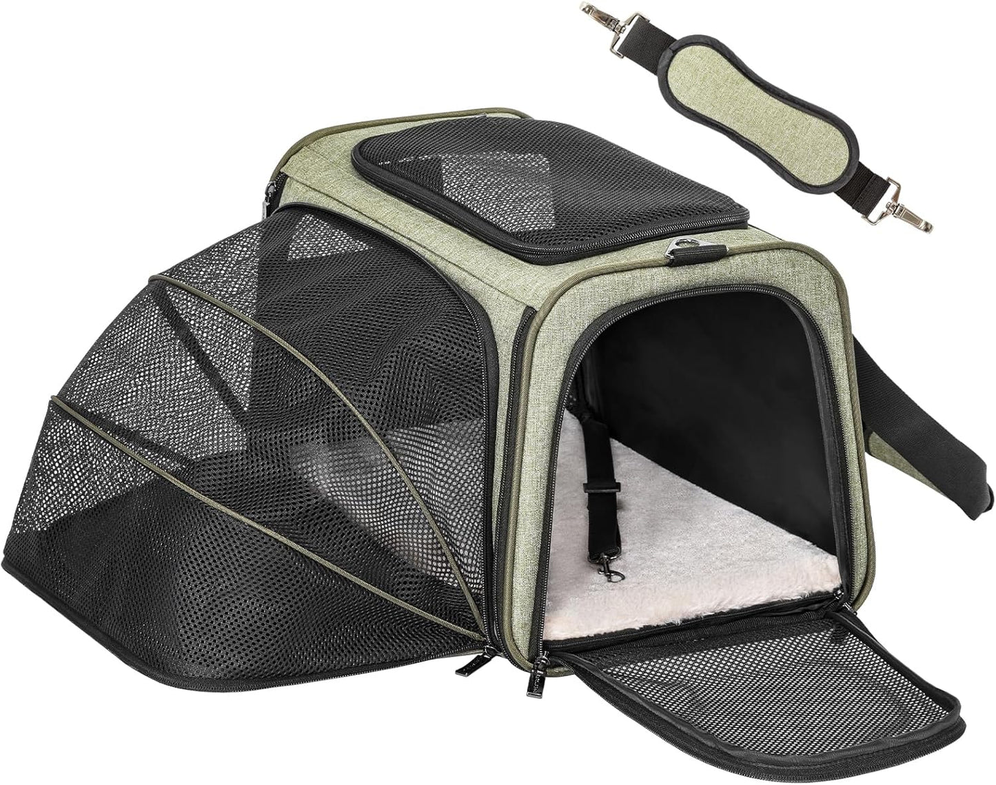 Petsfit Expandable Cat Dog Carrier Airline Approved, 17" L x 11" W x 11" H Soft-Sided Portable Pet Travel Carrier for Kitten, Puppy, Removable Soft Plush Mat and Pockets, Auto-Locking Zippers