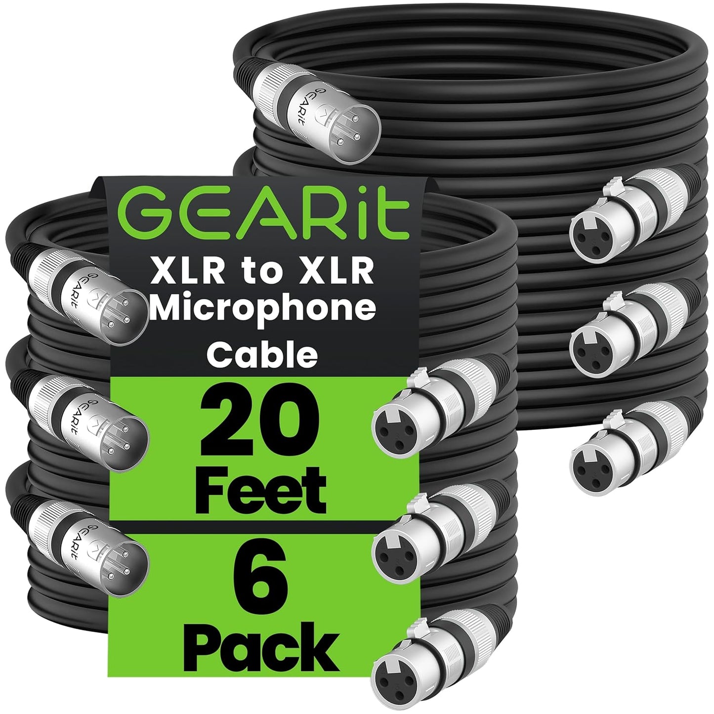 GEARit XLR Male to Female Microphone Cable (10 Feet, 6-Pack) 3-Pin Balanced Shielded Mixer, Recording Studio, Podcast - Black