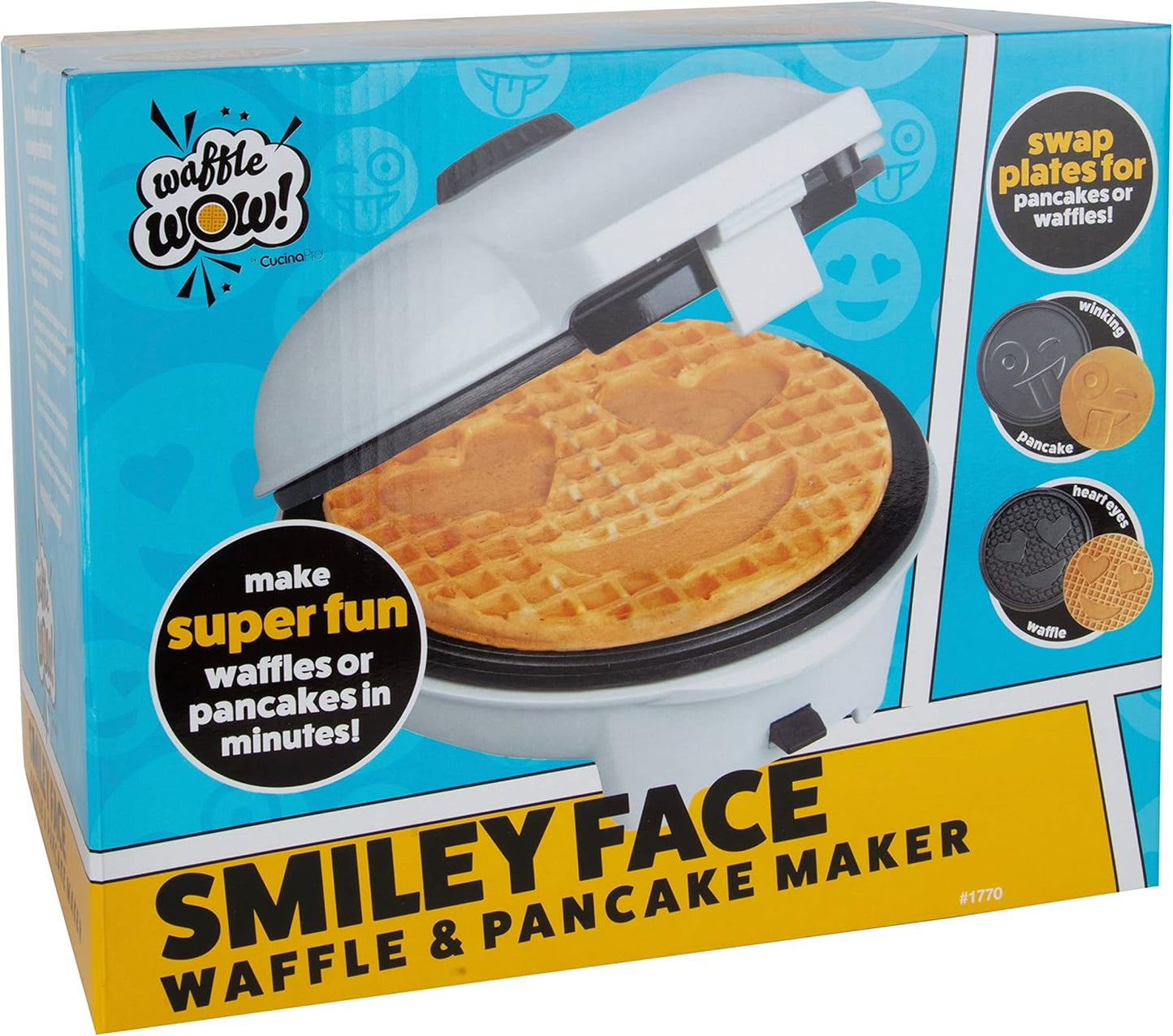 Smiley Face Waffler & Pancake Maker w 2 Interchangeable, Removable 8" Plates- Adjustable Temperature Control, Non-stick Electric Griddle Iron- Easy Clean, Make Kid's Breakfast Fun- Great Holiday Gift