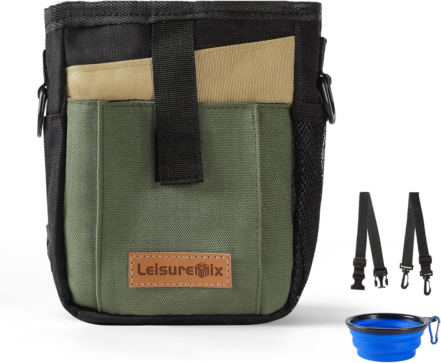 Dog Treat Pouch with Collapsible Bowl & Zippered Pockets Hands-Free Training Treat Pouch Bag for Dogs Waterproof Pet Waist Bag, Adjustable Strap Training, Hiking, Outdoor Use (Black & Olive Green)