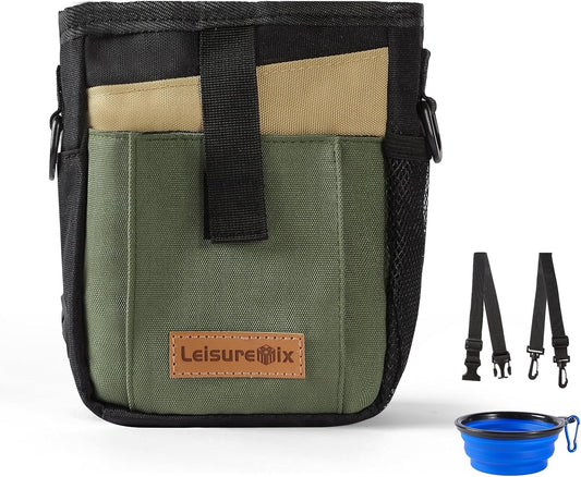 Dog Treat Pouch with Collapsible Bowl & Zippered Pockets Hands-Free Training Treat Pouch Bag for Dogs Waterproof Pet Waist Bag, Adjustable Strap Training, Hiking, Outdoor Use (Black & Olive Green)
