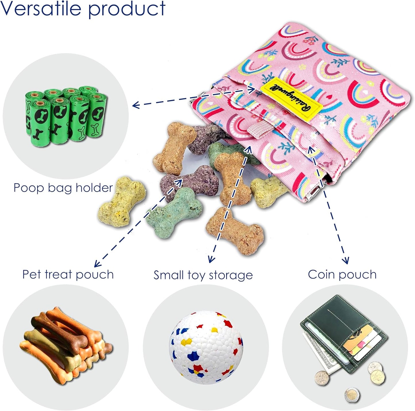 Raisingwell Dog Treat Pouch, Black Pocket Sized Pet Training Pouch, Cotton Fabric, Hand Free Dog Walking Bag with Carabiner, Self-Closing Pet Feed Snack Reward, for Pet Puppy Travel or Outdoor Use