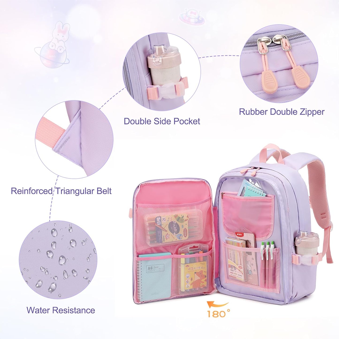 FIXITOK Girls Backpack Set, 3PCS Kids Backpack for Girls, Kawaii Bunny School Backpacks for Girl Kindergarten Elementary Preschool Middle School Bags with Lunch Box Pencil Case Aquamarine