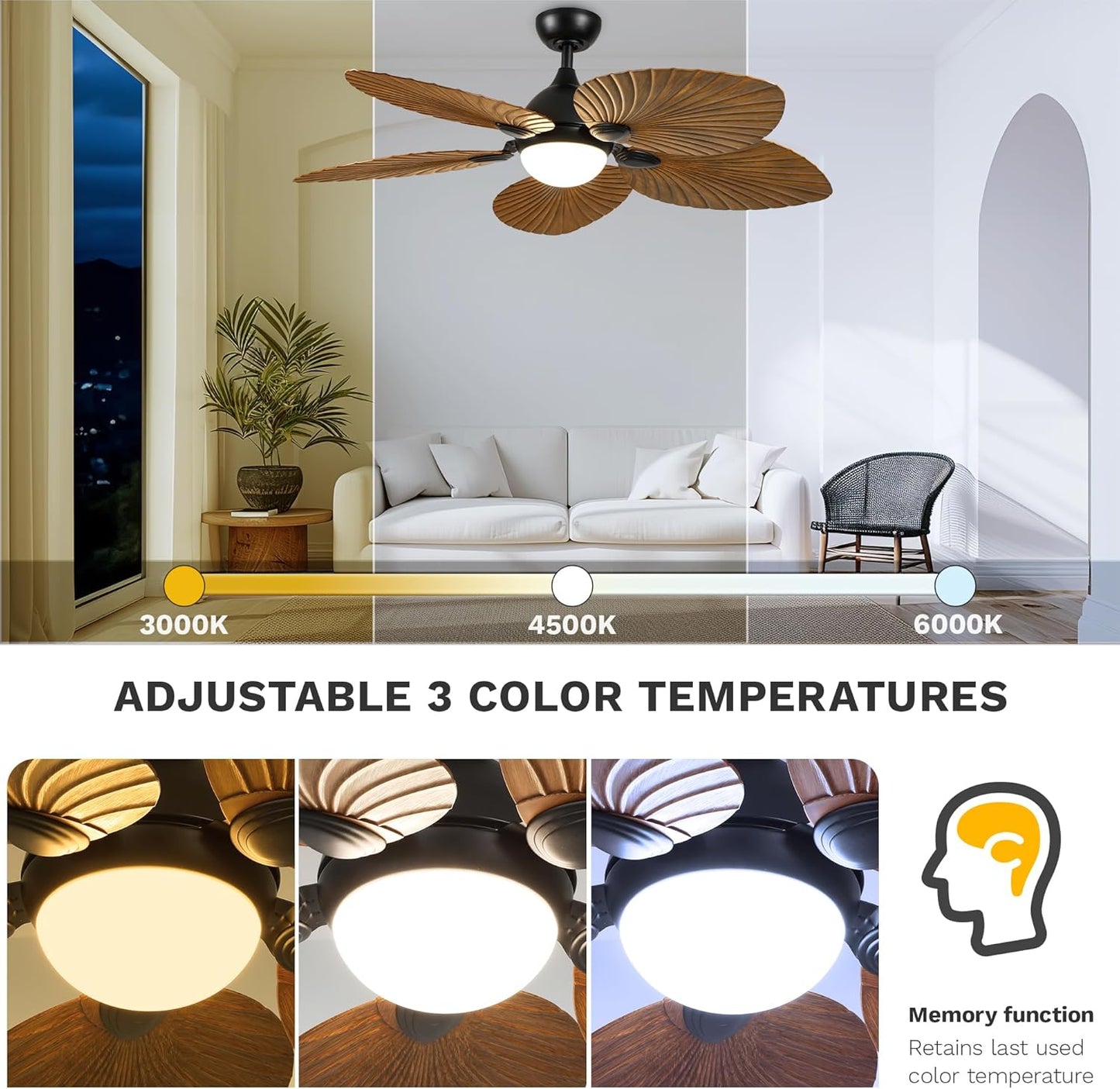 DWVO 52" Ceiling Fans with Lights, Tropical Ceiling Fan with Lights and remote, LED Tri-Color Temperature, Reversible 6 Speeds w/Quiet DC Motor for Living Room, Dining Room, Bedroom