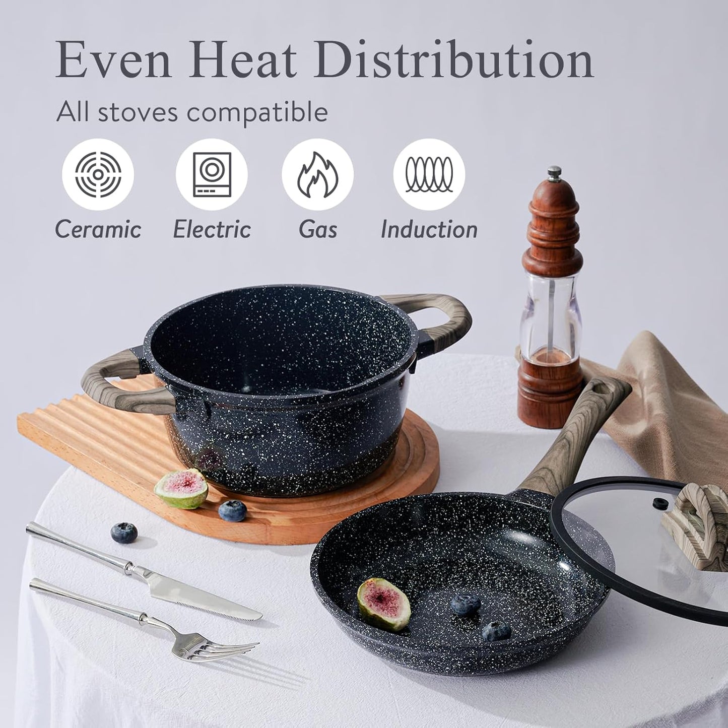 Ceramic Cookware Set 22 Piece Nonstick Pots and Pans Set Non Stick Kitchen Cooking Sets 8" Frying Pans with Lid,Black Granite Non-Toxic Induction Kitchen Cookware w/Glass Lids PFOS/PFOA-Free