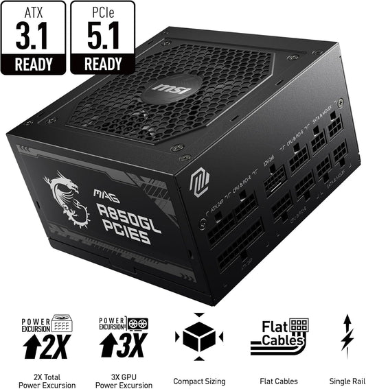 850W Fully Modular Gaming Power Supply – 80+ Gold, ATX 3.1 & PCIe 5.1 Ready, Compact High-Efficiency PSU with Native Dual-Color 12V-2x6 Cable - PuriLite