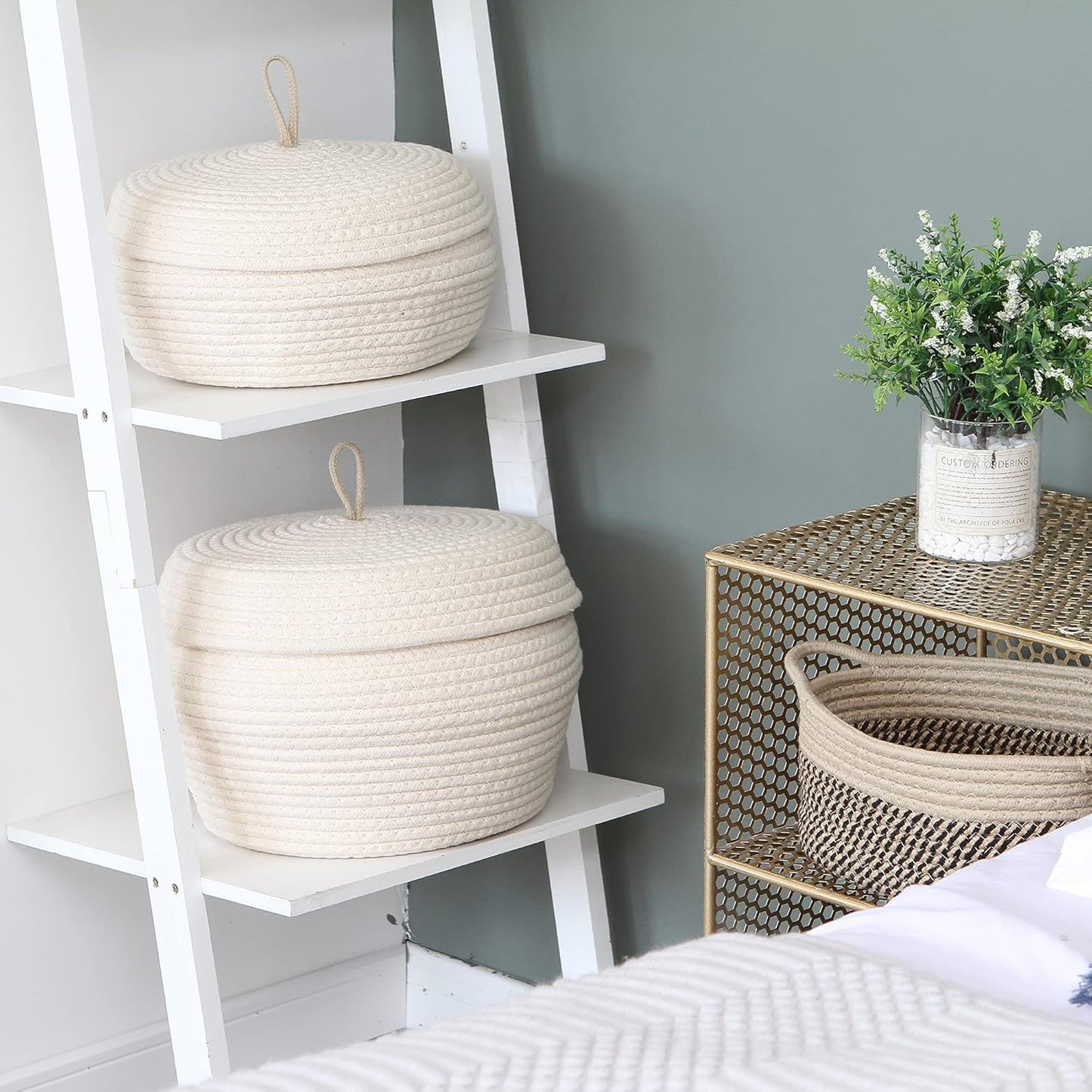 Sea Team Round Cotton Rope Storage Basket with Lid, Decorative Woven Storage Bin, Pot, Caddy, Organizer, Container for Snacks, Towels, Plants (Grey, Small)