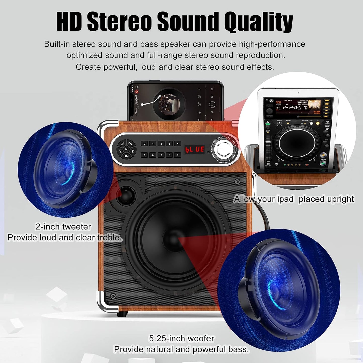 JYX Karaoke Machine with Two Wireless Microphones, Portable Bluetooth Speaker with Bass/Treble Adjustment, Remote Control and LED Lights, Supports TF Card/USB, AUX in, FM, REC for Party