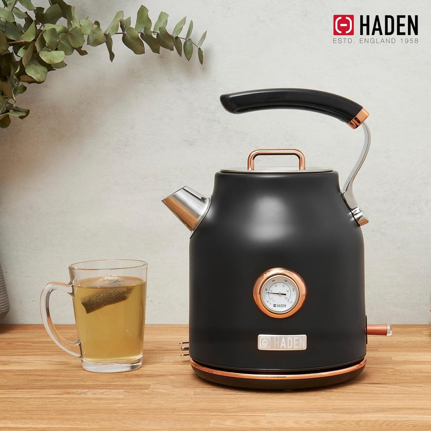 Haden Dorset 75070 Retro Stainless Steel Tea Kettle, 1500W Hot Water Kettle Electric Kettles for Boiling Water, 1.7L Black/Copper Electric Tea Kettles Automatic Shut Off, Boil-Dry Protection Tea Pots