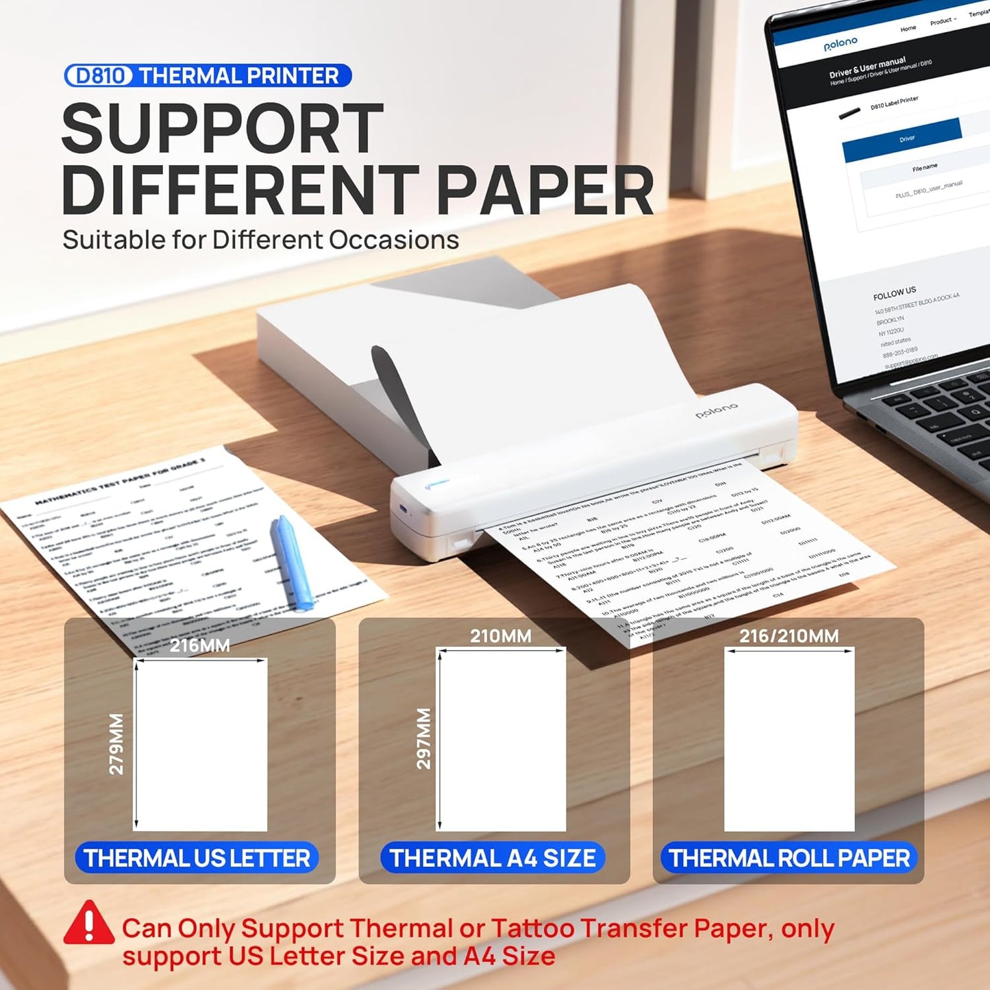 POLONO Portable Printer Wireless for Travel, D810 Bluetooth Thermal Printer Support for 8.5"x11" US Letter, Inkless Compatible with iOS, Android, Laptop for Office, Car and Home, White