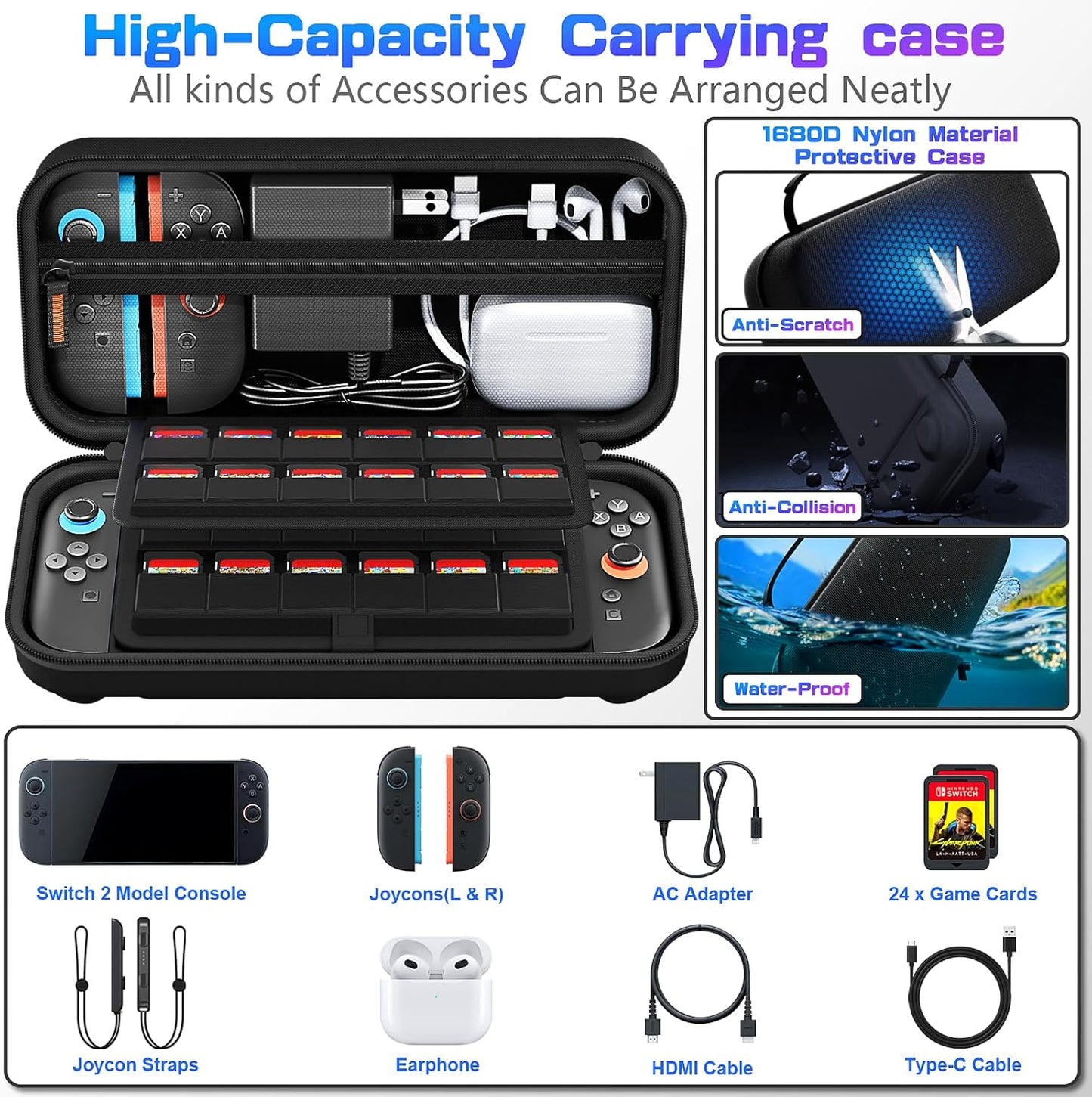 Daydayup Switch Carrying Case Compatible with Nintendo Switch/Switch OLED, with 20 Games Cartridges Protective Hard Shell Travel Carrying Case Pouch for Console & Accessories, Black