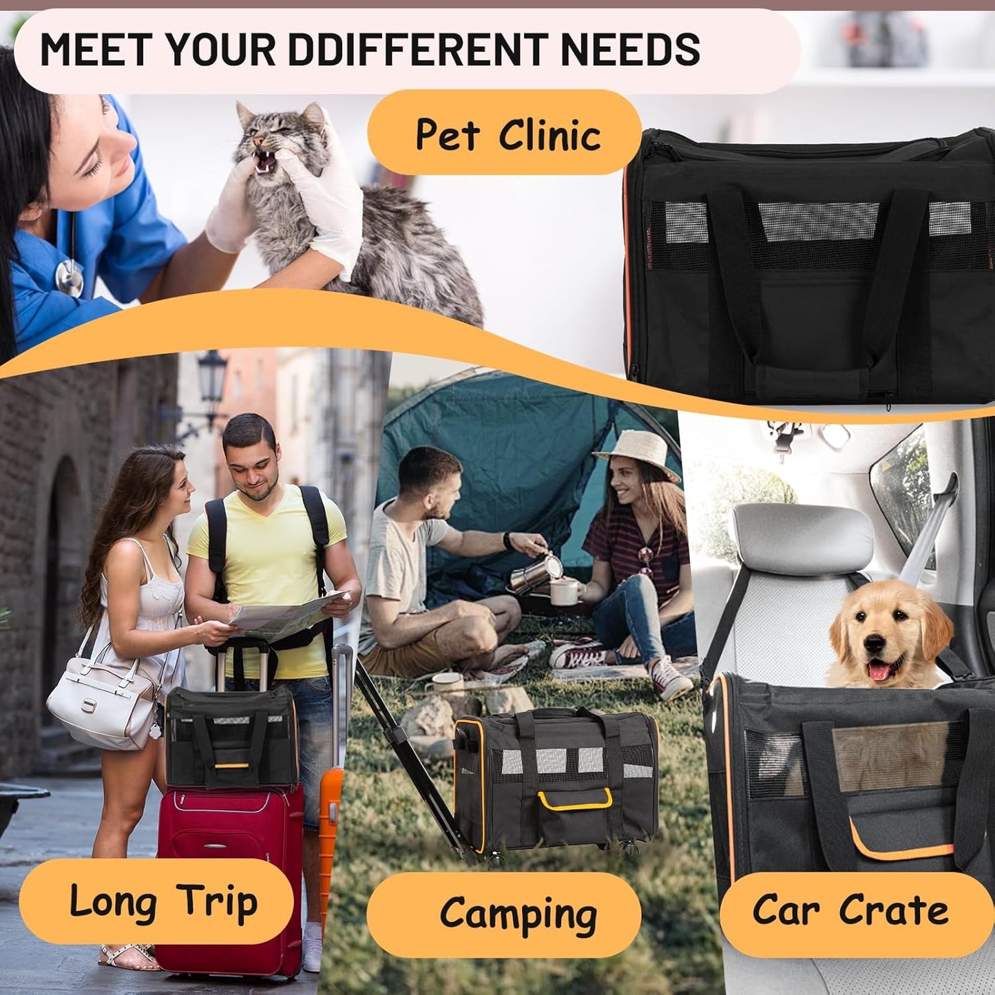 UNICITII Pets Carrier for Small Cat, Dog Medium Cats Puppies up to 20 Lbs, Airline Approved Carrier Soft Sided, Collapsible Travel Puppy Carrier (Grey-with Wheels)