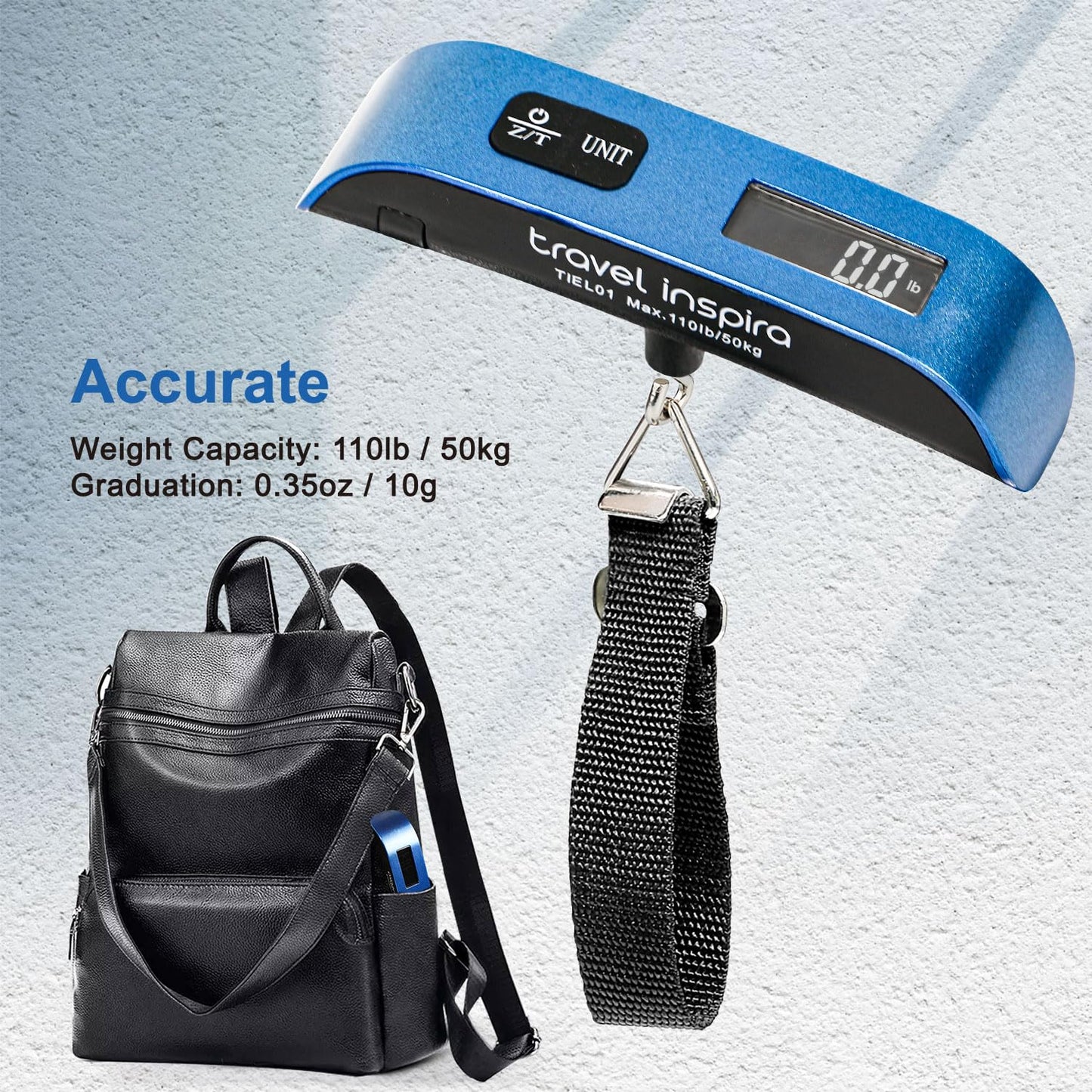 travel inspira Luggage Scale, Portable Digital Hanging Baggage Scale for Travel, Suitcase Weight Scale with Rubber Paint, 110 Pounds, Battery Included - Blue