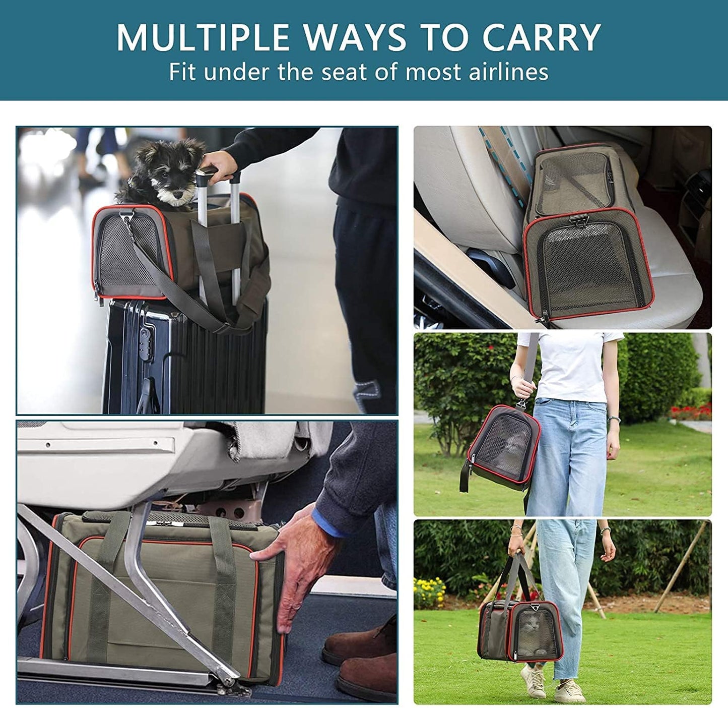 Petsfit Expandable Cat Dog Carrier Airline Approved, 17" L x 11" W x 11" H Soft-Sided Portable Pet Travel Carrier for Kitten, Puppy, Removable Soft Plush Mat and Pockets, Auto-Locking Zippers