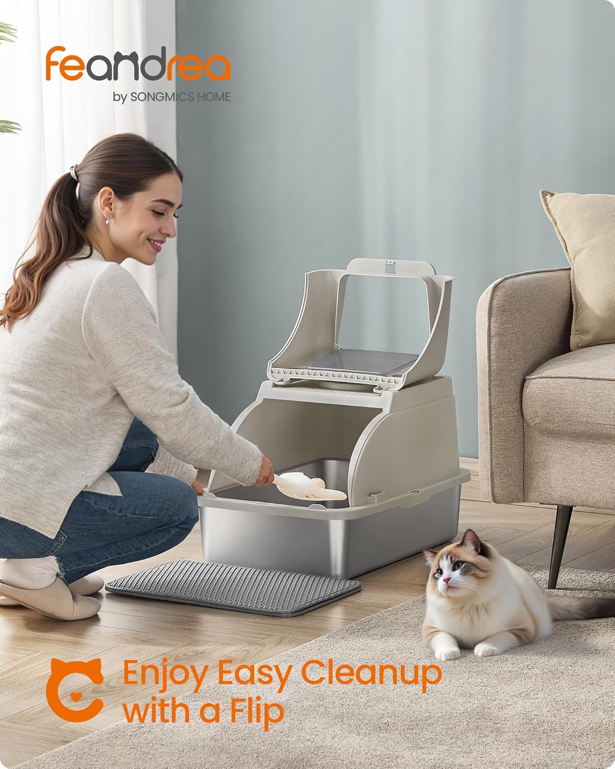 Feandrea Stainless Steel Cat Litter Box with Flip Lid, XL Enclosed Litter Box for Cats up to 15 kg, with Leak-Proof Design, Scoop, Brush, Dual Entry, Cappuccino Beige UPPT005K01