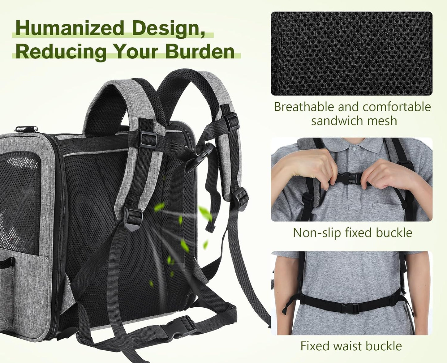 Pecute Cat Backpack with Breathable Mesh, Dog Backpack Carrier with Multi-Pockets for Cats Puppies, Pet Backpack Carrier for Travel Hiking Camping Outdoor (Gray)