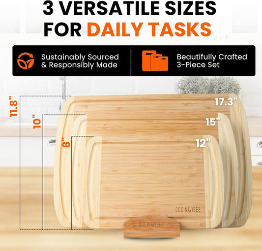 Bamboo Cutting Board Set – Non-Toxic Charcuterie & Chopping Boards for Kitchen, Large & Small Sizes, Safe Cutting Boards for Meat, Cheese, Pizza – Home & Kitchen Gift Idea - PuriLite