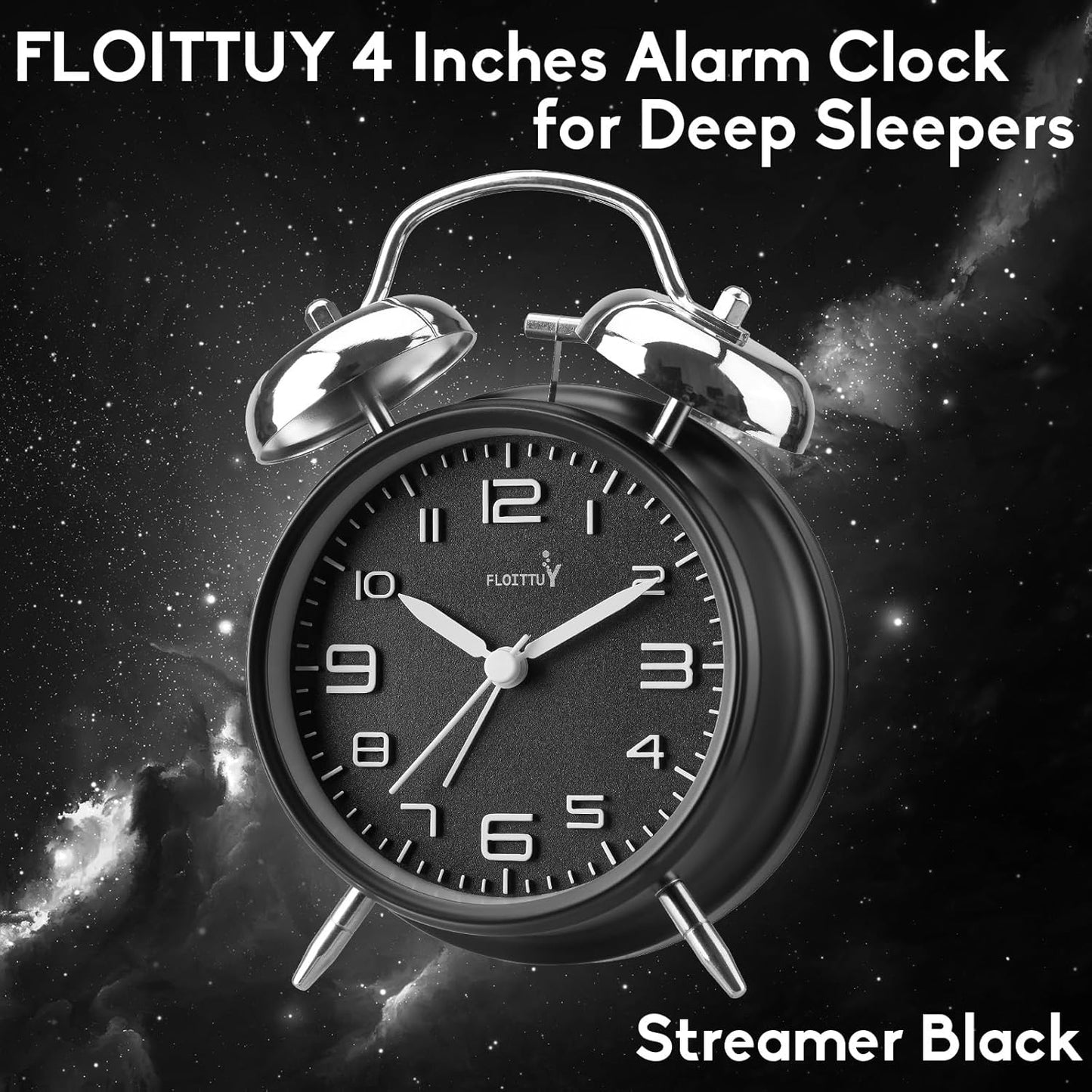 FLOITTUY (Loud Alarm for Deep Sleepers) 4'' Twin Bell Alarm Clock with Backlight for Bedroom and Home Decoration(Black)