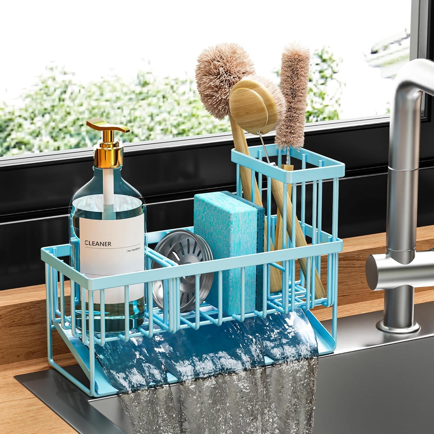Cisily Kitchen Sink Caddy Organzier with High Brush Holder, Sponge Holder for Sink, 304 Rustproof Stainless, Kitchen Countertop Soap Dispenser Organizer, Kitchen Decor and Accessories (Black)