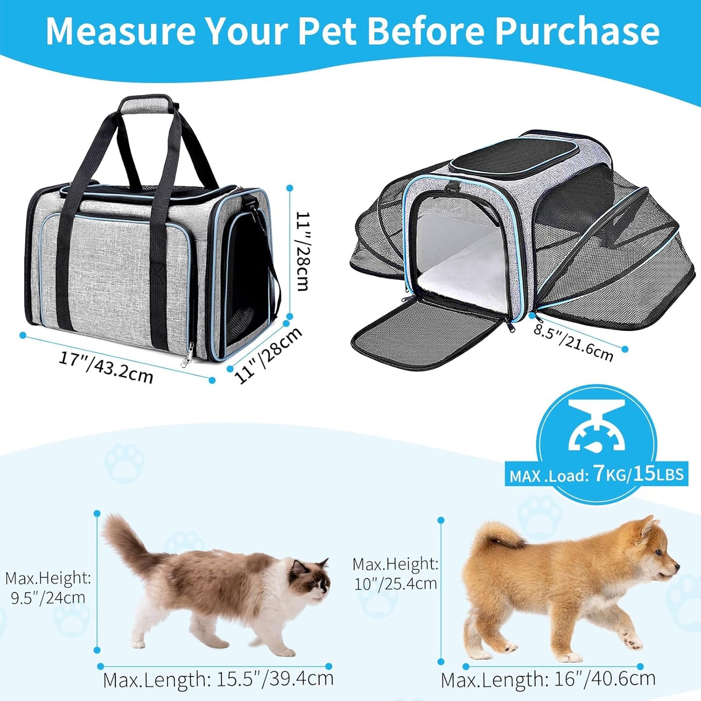Expandable Cat Carrier,Pet Carrier Airline Approved 5-Side Ventilation Soft Cat Carrier Bag with Removable Fleece Pad and Shoulder Straps Fit Pets (40L x 25W x 25H cm)