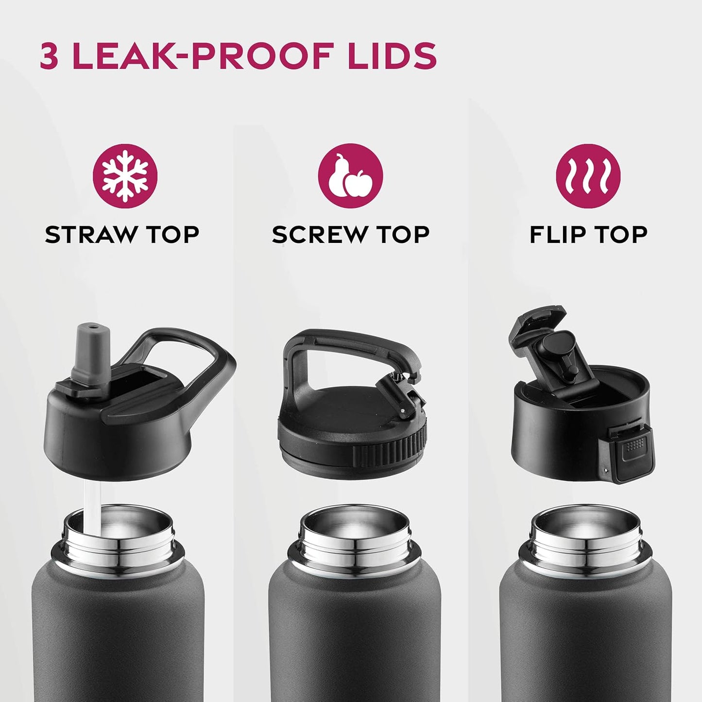 FineDine Water Bottle - Stainless Steel Insulated Water Bottle with Straw Lid, Flip Lid & Wide-Mouth Cap - Keeps Hot and Cold - 25 Oz / 739ml - Pure Pearly White