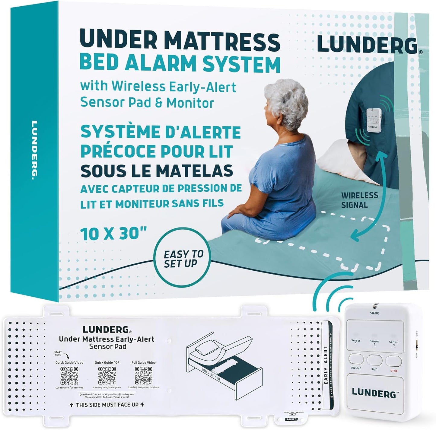Lunderg Undermattress Bed Alarm for Elderly Adults & Chair Alarm Set - Wireless Early-Alert Mattress Pad, Chair Pad & Pager - Bed Alarms and Fall Prevention for Elderly and Dementia Patients
