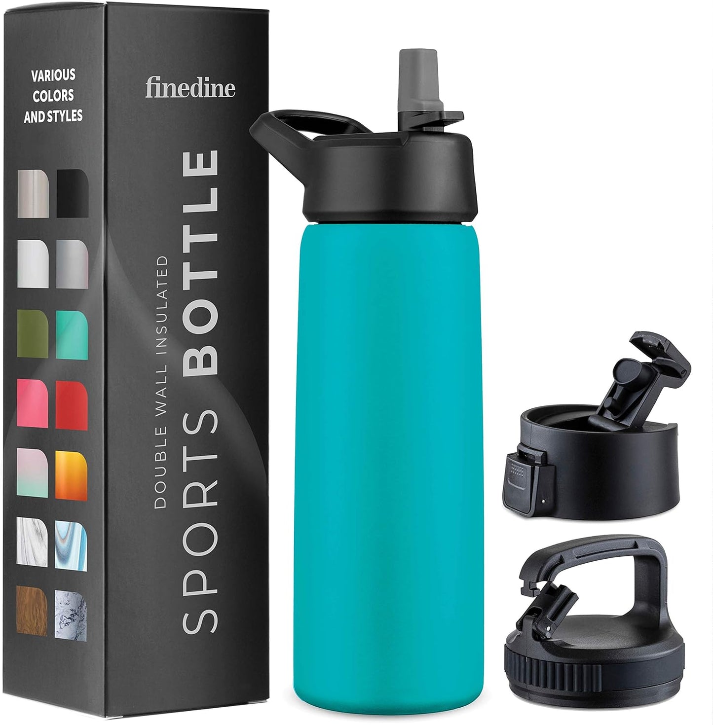FineDine Water Bottle - Stainless Steel Insulated Water Bottle with Straw Lid, Flip Lid & Wide-Mouth Cap - Keeps Hot and Cold - 25 Oz / 739ml - Pure Pearly White