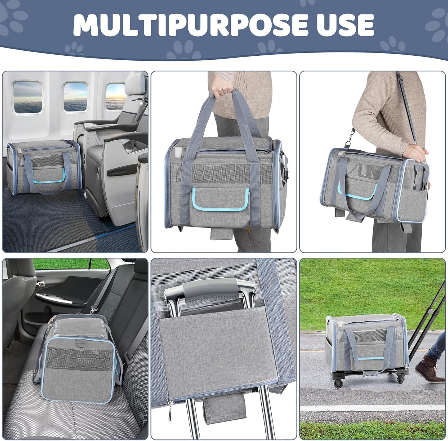 UNICITII Pets Carrier for Small Cat, Dog Medium Cats Puppies up to 20 Lbs, Airline Approved Carrier Soft Sided, Collapsible Travel Puppy Carrier (Grey-with Wheels)
