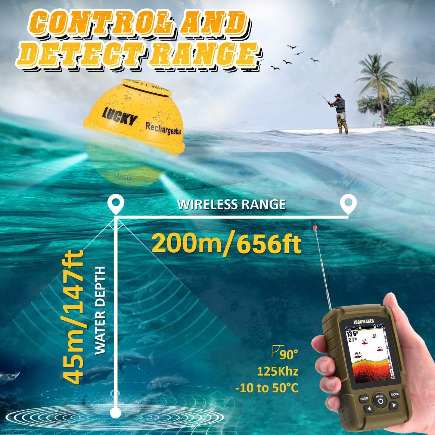 LUCKY Portable Sonar Fish Finder Boat Depth Fishing Fish Finders Waterproof Handheld Wireless Fishing Finder Kayak Transducer Depth Finders for Ice Fishing Sea