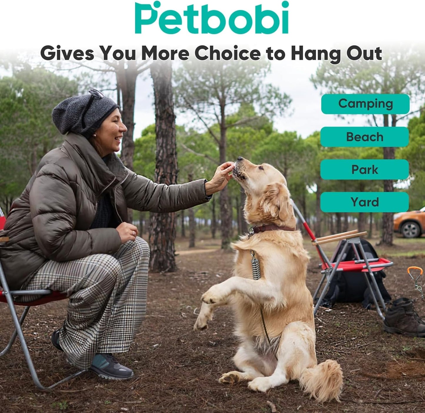 Petbobi Dog Tie-Out Cable and Stake - 30ft Heavy Duty Cable with Spring, No Tangle, 16in Ground Stake, Ideal for Yard, Camping and Beach, Suitable for Small Medium Large Dogs Up to 120 lbs, Blue