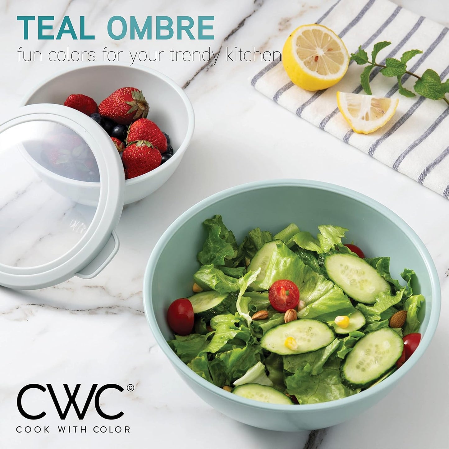 COOK WITH COLOR Mixing Bowls with TPR Lids - 12 Piece Plastic Nesting Bowls Set Includes 6 Prep Bowls and 6 Lids, Microwave Safe Mixing Bowl Set (Mint)