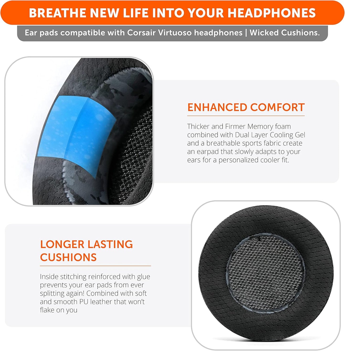 WC Freeze Virtuoso - Hybrid Fabric Cooling Gel Replacement Earpads for Corsair Virtuoso Gaming Headset, Made by Wicked Cushions, Improved Durability, Thickness and Sound Isolation |90s Black