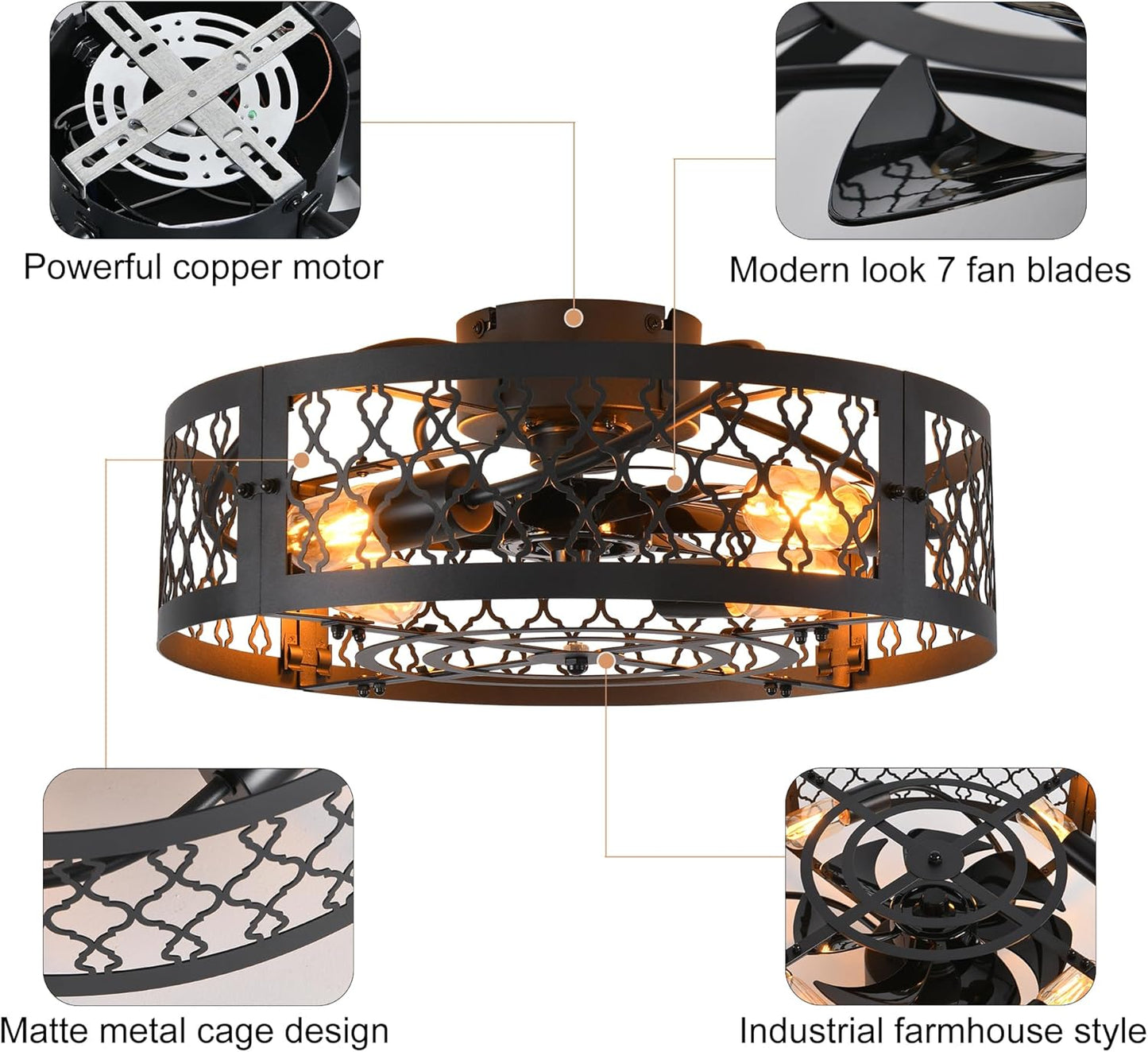 Garwarm Caged Low Profile Ceiling Fan with Lights and Remote, 20in Rustic Flush Mount Small Farmhouse Bladeless Ceiling Fan for Bedroom, Kitchen, Dining Room