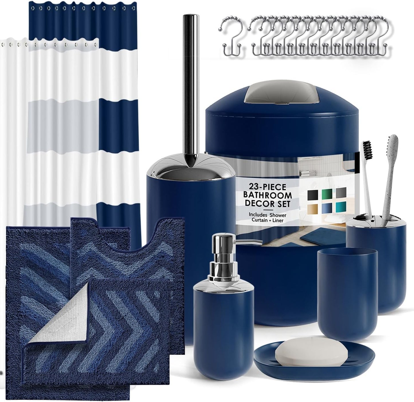 Clara Clark Bathroom Set - Gray Bathroom Accessories Set, Bathroom Sets with Shower Curtain and Rugs, 23PC Shower Curtain Set with Liner, Soap Dispenser, Soap Dish, Toilet Brush Holder, and Trash Can