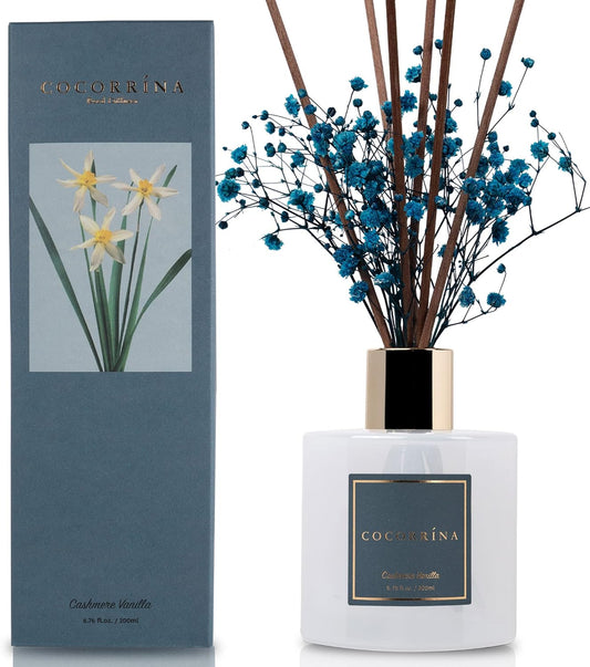 Cocorrína Premium Reed Diffuser Set with Preserved Baby's Breath & Cotton Stick Cashmere Vanilla | 6.7oz Scent Fragrance Oil Diffuser for Bedroom Bathroom Home Décor - PuriLite